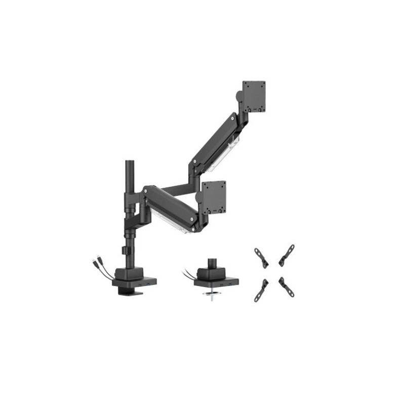 Brateck LDT80-C024UCP Matte Black Super Heavy-Duty Pole-Mounted Gas Spring Dual Monitor Arm with USB-A and USB-C Ports For mo