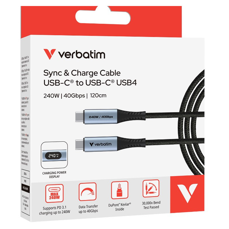 Verbatim Sync & Charge USB C to USB C 240W 40 Gbps Display 120 cm