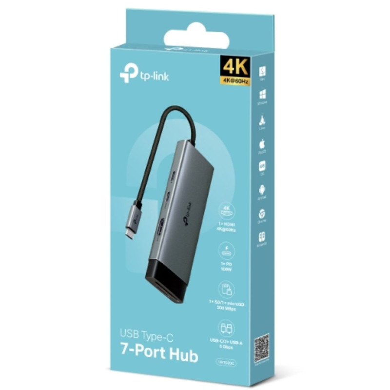 TP-Link UH7020C USB Type-C 7 in 1 Hub, 4K@60Hz HDMI, SD & microSD UHS-I, 100W Power Delivery, 1× USB-C Data Port, 2× USB-A 