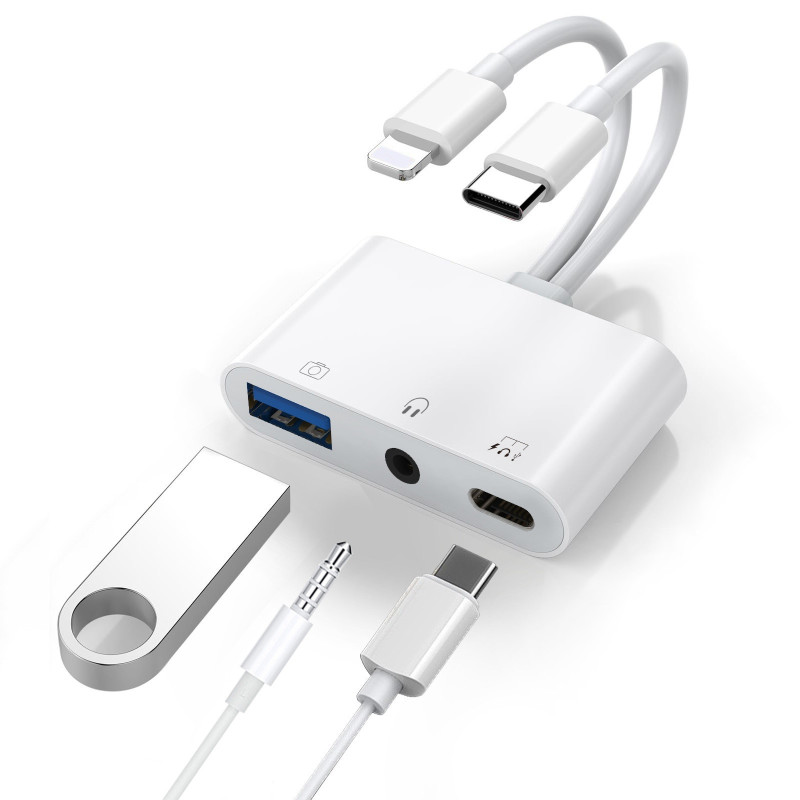 USP Lightning/USB-C to USB Adapter features a USB OTG Port, 3.5mm Headphone Jack & Fast-charging Port, 5 Years Warranty