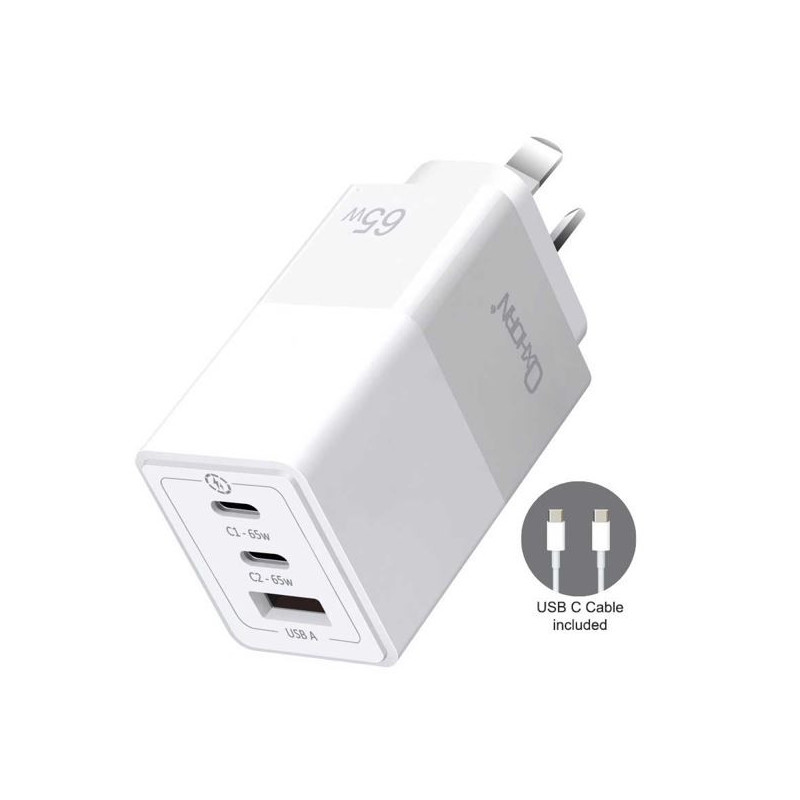 Oxhorn 65W GaN Type C fast Charger 3 Port 2xUSB-C 1xUSB-A PD3.0 QC4.0 PPS AUS Approved C-tick White with cable