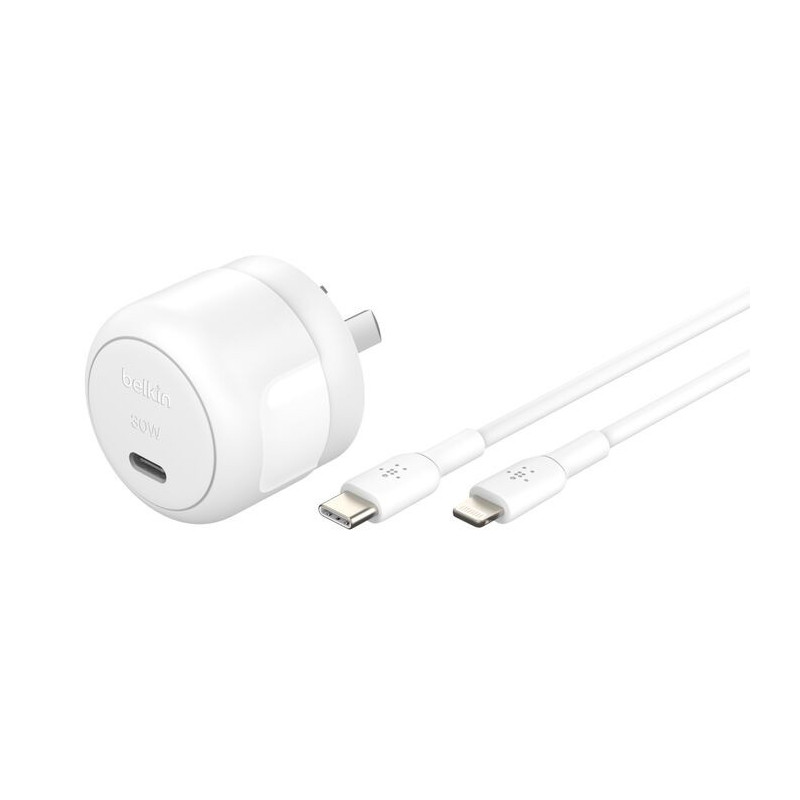 Belkin BoostCharge Compact 30W USB-C (PD 3.1) Wall Charger   USB-C to Lightning Cable - White (WCA008au1MWH-B5), Apple, 2 Yea