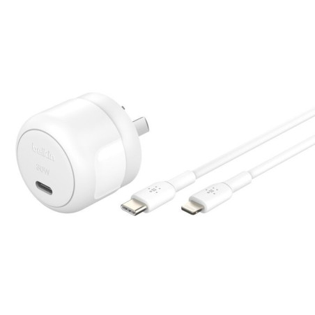Belkin BoostCharge Compact 30W USB-C (PD 3.1) Wall Charger   USB-C to Lightning Cable - White (WCA008au1MWH-B5), Apple, 2 Yea