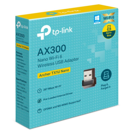 TP-Link Archer TX1U Nano AX300 Nano Wi-Fi 6 Wireless USB Adapter , 287 Mbps at 2.4 GHz ,  Internal Antennas, USB 2.0 , MU-MIM