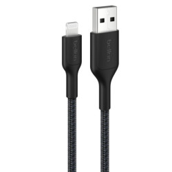 Belkin BoostCharge Pro Braided Lightning to USB-A Cable (1M) - Black (CAA020FQ1MBK), 2.4A/15W, 480Mbps, 350K Bends, MFI-Certi