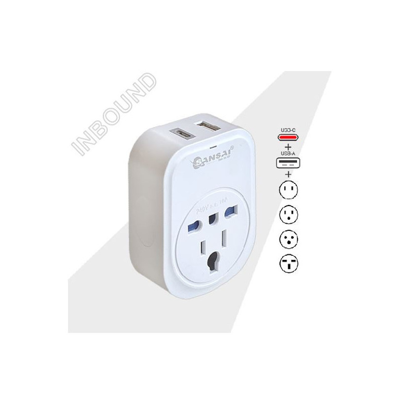 Sansai USB Travel Adaptor USB A   C 2xUSB Charging Outlets 100-240VAC 10A 2400W Compatible with plugs from many countries