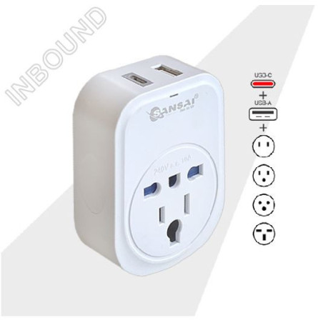 Sansai USB Travel Adaptor USB A   C 2xUSB Charging Outlets 100-240VAC 10A 2400W Compatible with plugs from many countries