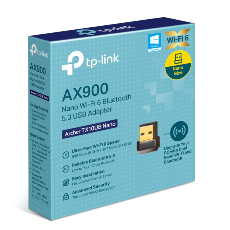 TP-Link Archer TX10UB Nano AX900 Nano Wi-Fi 6 Bluetooth 5.3 USB Adapter,  600 Mbps at 5 GHz   287 Mbps at 2.4 GHz ,  Internal