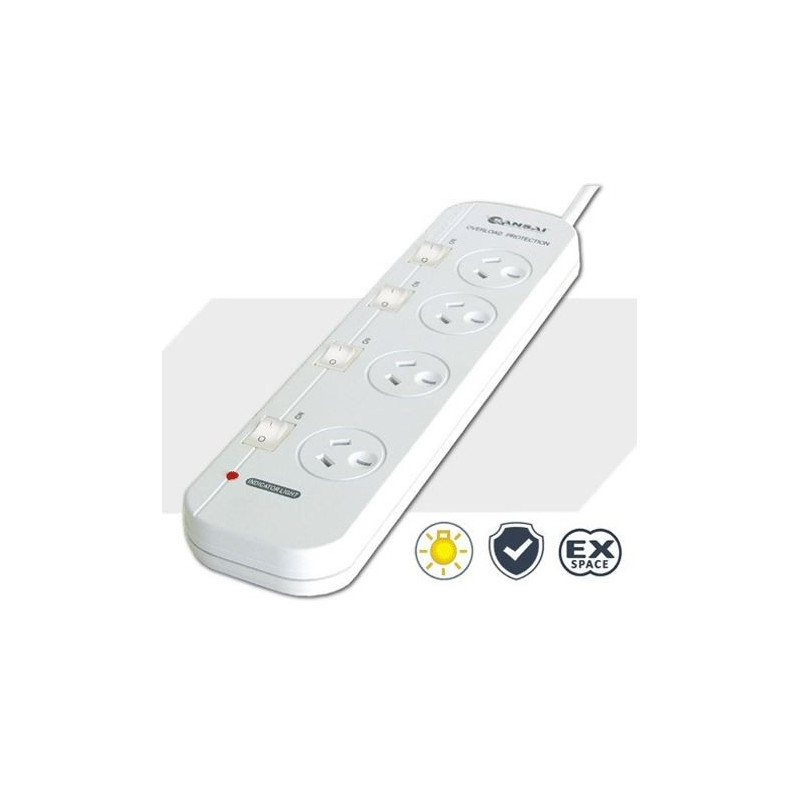 Sansai 4 Way Powerboard 4 Outlet 10A 240V Individually Switched 2 extra spaced sockets 1M Length