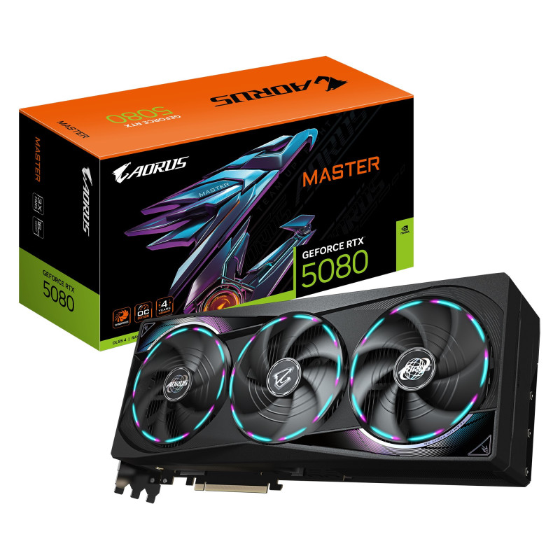 Gigabyte AORUS GeForce RTX™ 5080 MASTER 16G, 2805 MHz, CUDA 10752, 30 Gbps, GDDR7, 256 bit, PCI-E 5.0, PSU 850W, DisplayPor