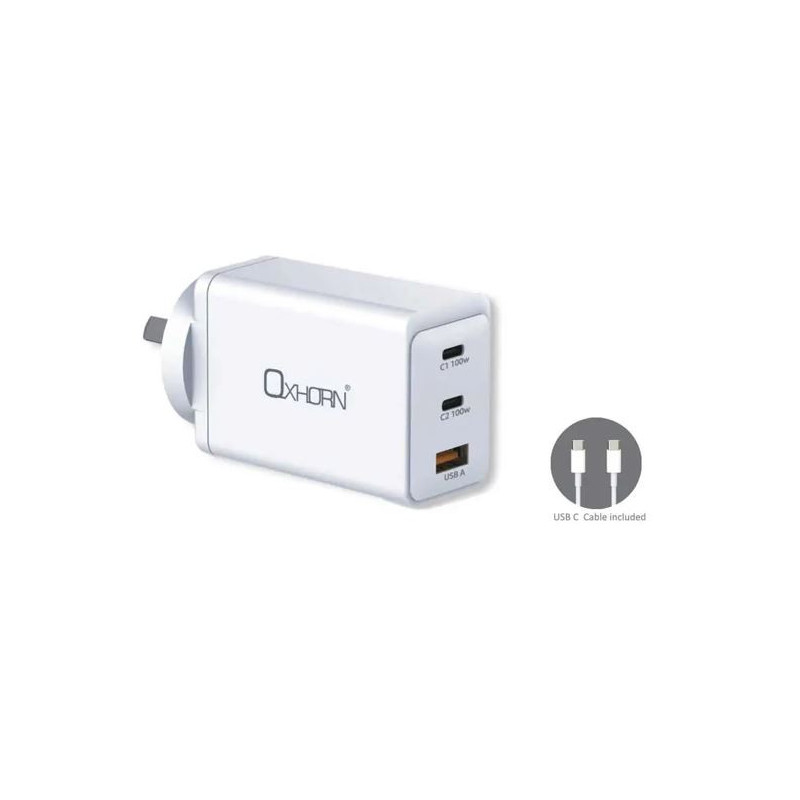 Oxhorn Charger Accessories AC 100W GaN Type C fast Charger 3 Ports 2xUSB-C 1xUSB-A PD3.0 QC4.0  PPS for Laptop/Mobile/Tablet/
