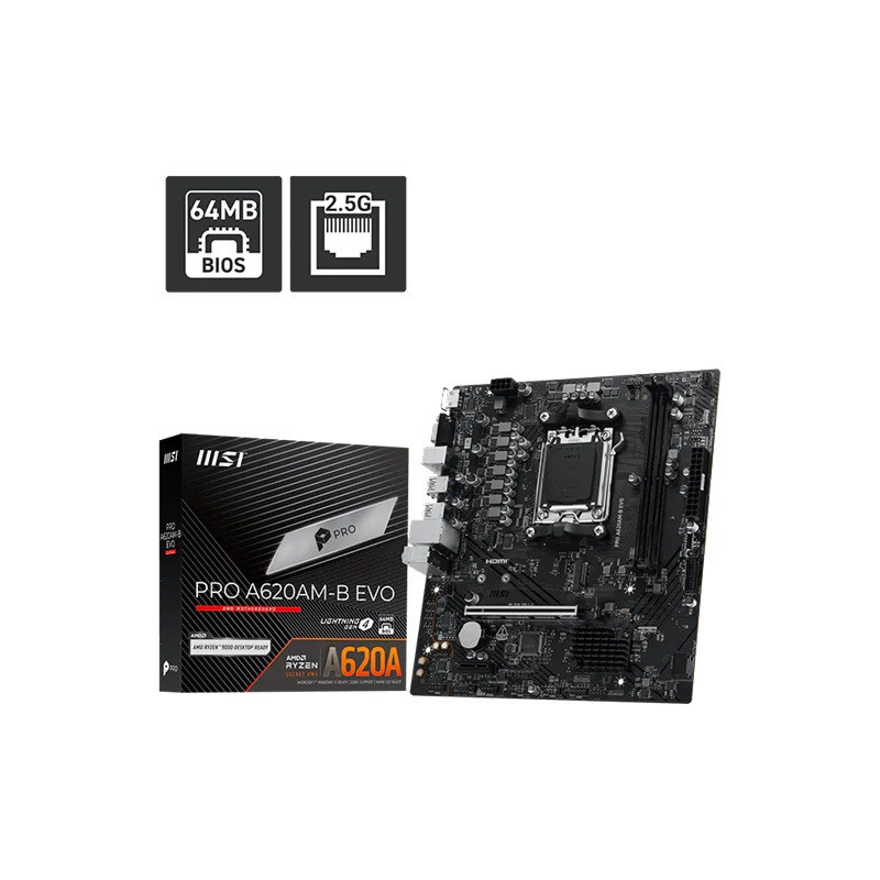 MSI PRO A620AM-B EVO ATX Motherboard, AM5, AMD A620A, 2xDDR5 128GB, PCIe4.0 x16, 1xM.2, 2xSATA, HDMI/VGA, 2.5G LAN, ATX