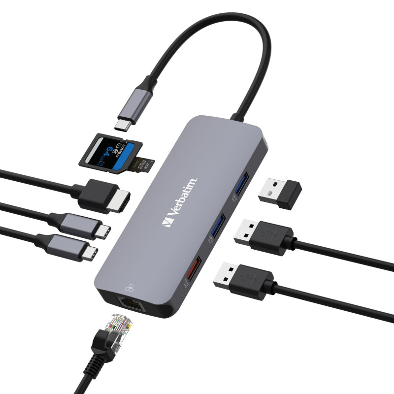 Verbatim USB-C Pro Multiport Hub 9 Ports,1 x HDMI, 1 x RJ45, 2 x USB-C 3.2 Gen2, 1 x USB-A 3.2 Gen2, 2 x USB-A 3.2 Gen1, 1 x 