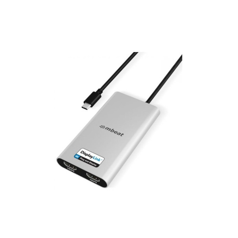 mbeat® USB-C Dual 4K HDMI DisplayLink® Adapter with PD Pass-through  Dual 4K@60Hz 2 × HDMI 2.0  1 × USB-C 3.1 1 × USB-C 