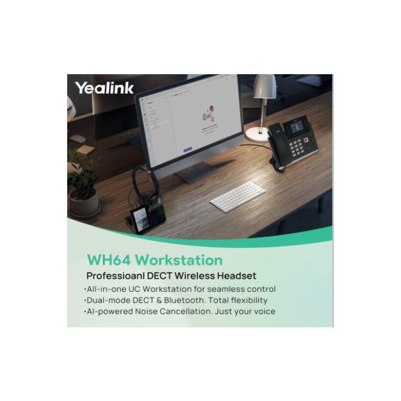 Yealink WH64 Dual Workstation, Yealink WH64 Workstation is an industry-leading DECT wireless headset with dual/single-ear opt