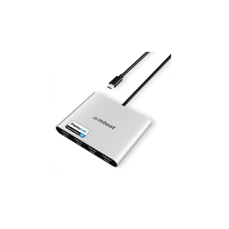 mbeat® USB-C Quad 4K HDMI DisplayLink® Adapter with PD Pass-through  Quad 4K@60Hz 4 × HDMI 2.0  1 × USB-C 3.1 1 × USB-C 