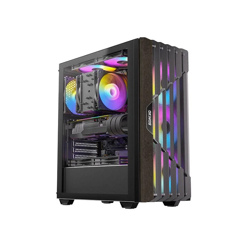 OKINOS Cypress P5 ARGB Oak Wood Trim ATX, 4x120mm ARGB Non-PWM Fans Pre-Installed,Type-C,Tempered Glass Side Panel,Black Mid-