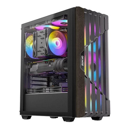 OKINOS Cypress P5 ARGB Oak Wood Trim ATX, 4x120mm ARGB Non-PWM Fans Pre-Installed,Type-C,Tempered Glass Side Panel,Black Mid-