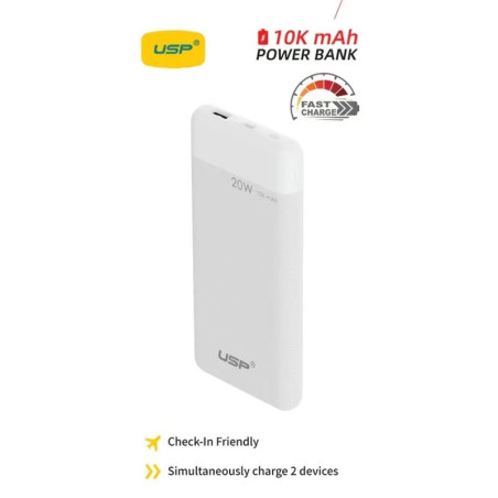 USP 10K mAh Power Bank White - 20W Fast Charge, 1x USB-C, 1x USB-A, Built-in Electricity Indicator Light, Fire-Resistant, 2 Y