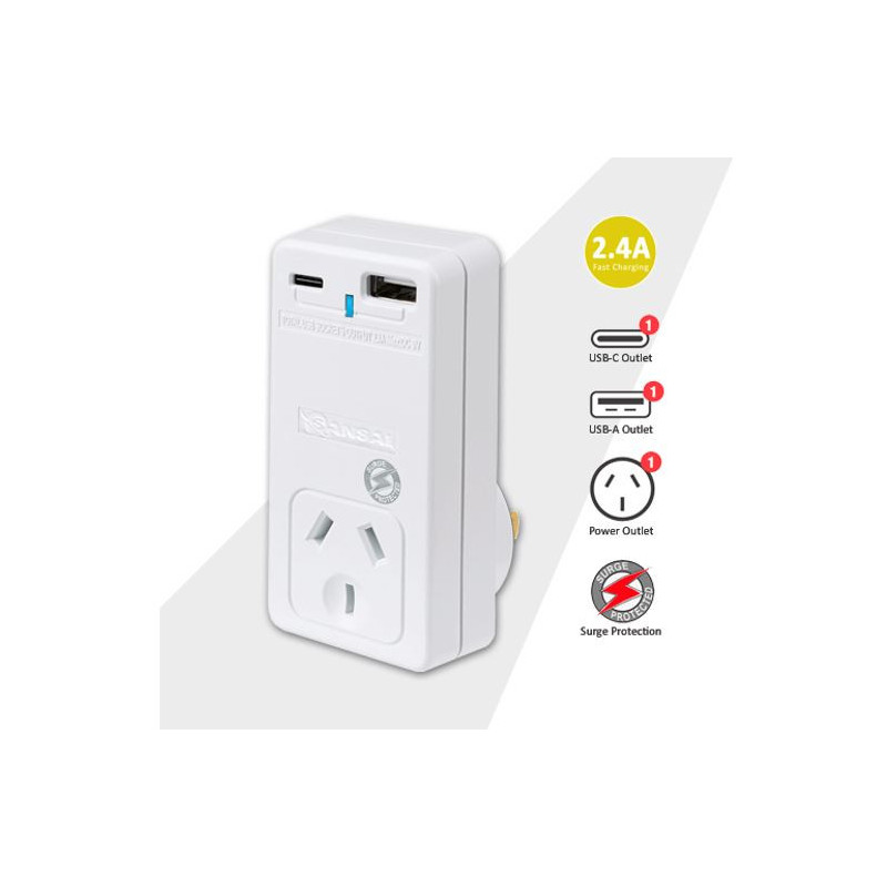 Sansai USB C   A 2xUSB charging Outlets Power Adaptor 240V 10A Power status indicator Wall Charger