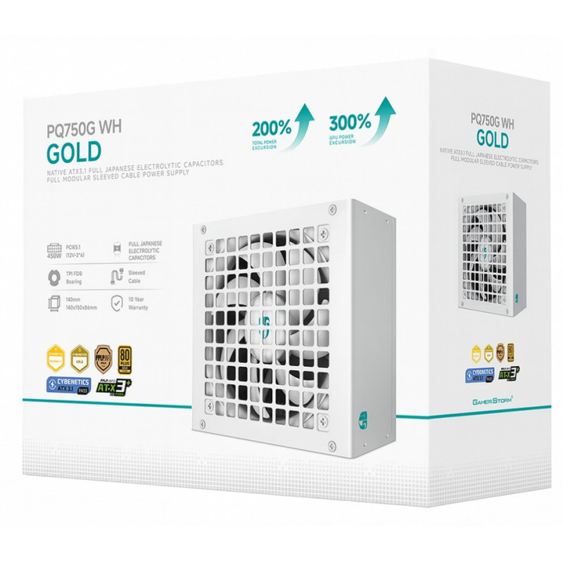 DeepCool PQ750G WH 750W Gamer Storm 80  Gold/Cybenetics Fully Modular ATX Power Supply 120mm Fan, Japanese Capacitors, DC to 