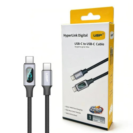 USP Braided HyperLink USB-C to USB-C (1M) Digital Display Cable - Black, Charge & Connect,Digital Display,140W PD, 5 Years Wa