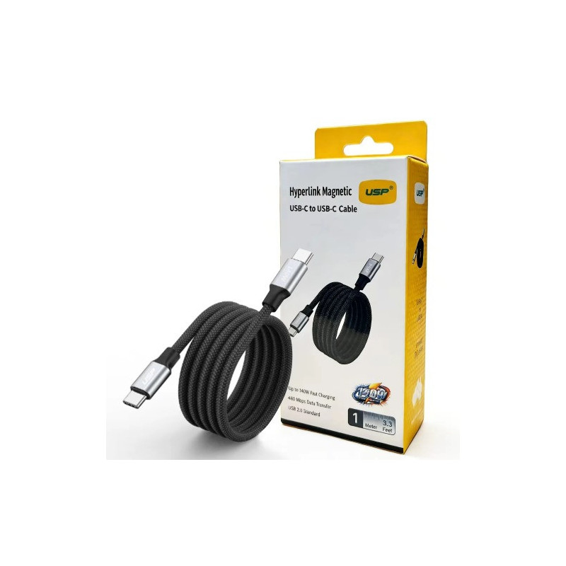 USP Braided HyperLink USB-C to USB-C (1M) Magnetic Cable - Black, Charge & Connect,Digital Display,140W PD, 5 Years Warranty
