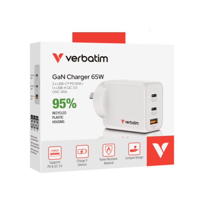 **ON SPECIAL** Verbatim 3 Port 65 Watt Portable GaN charger, 2 x USB-C PD 65w, 1x USB-A QC 3.0, GNC-65A Compact Design Apple,