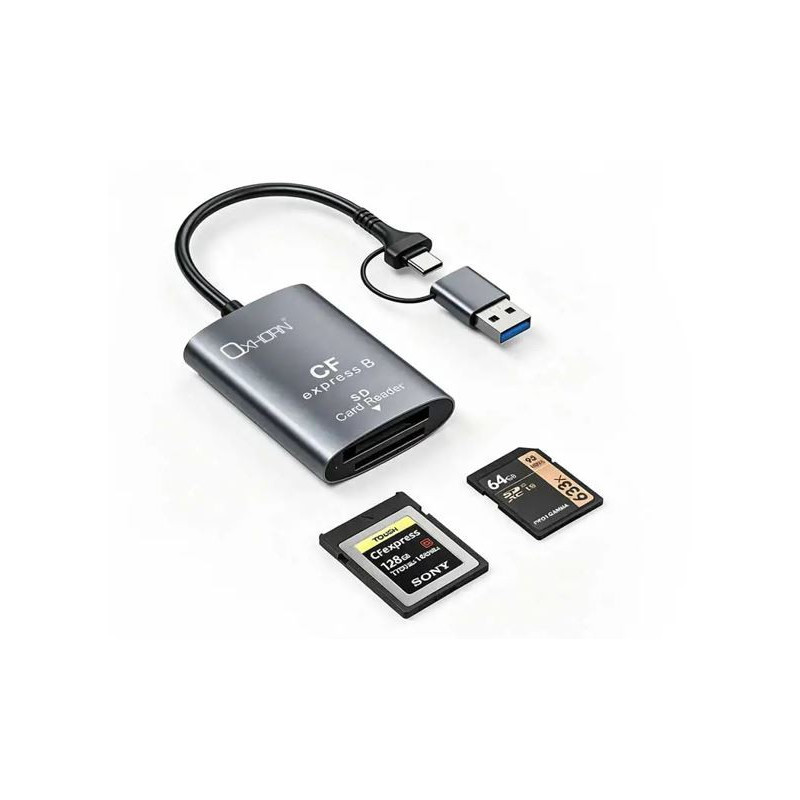 Oxhorn USB 3.2 Gen 2 10Gbps CF Express B and SD Card-reader Aluminum USB-C 3.2 USB-A 3.2 lightweight Plug-and-play Silver