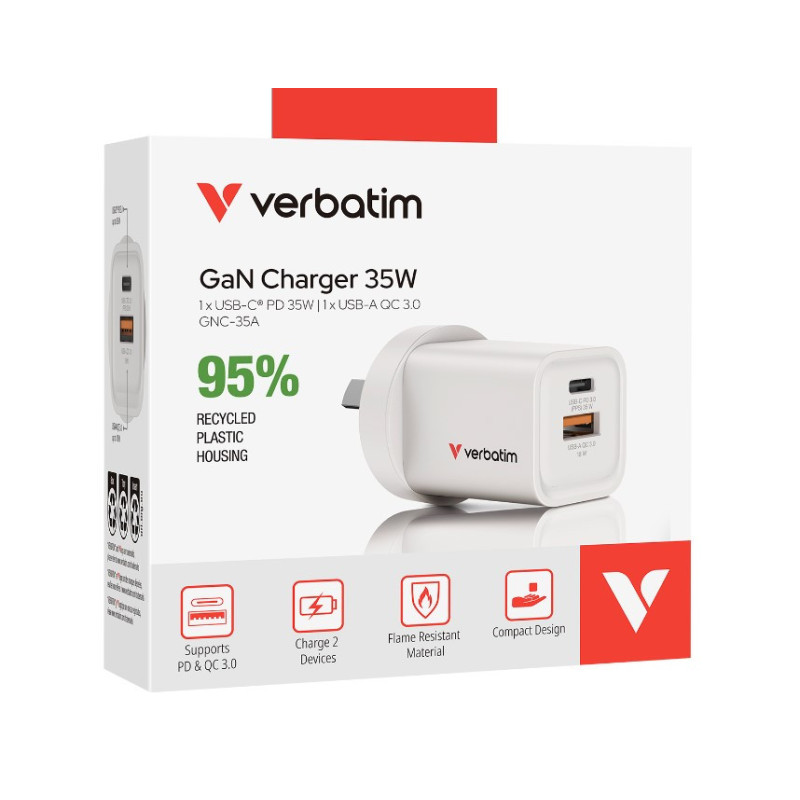 Verbatim 2 Port 35 Watt Portable GaN charger, 1 x USB-C PD 35w, 1x USB-A QC 3.0, Compact Design Apple, Android, Samsung, Goog