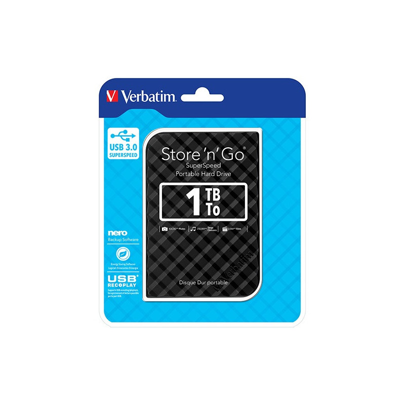 Verbatim 1TB 2.5' USB 3.0 Black Store'n'Go HDD Grid Design, Ultra Portable, High Speed & Capacity. Backup and Store   Nero Ba