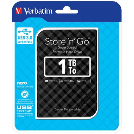 Verbatim 1TB 2.5' USB 3.0 Black Store'n'Go HDD Grid Design, Ultra Portable, High Speed & Capacity. Backup and Store   Nero Ba