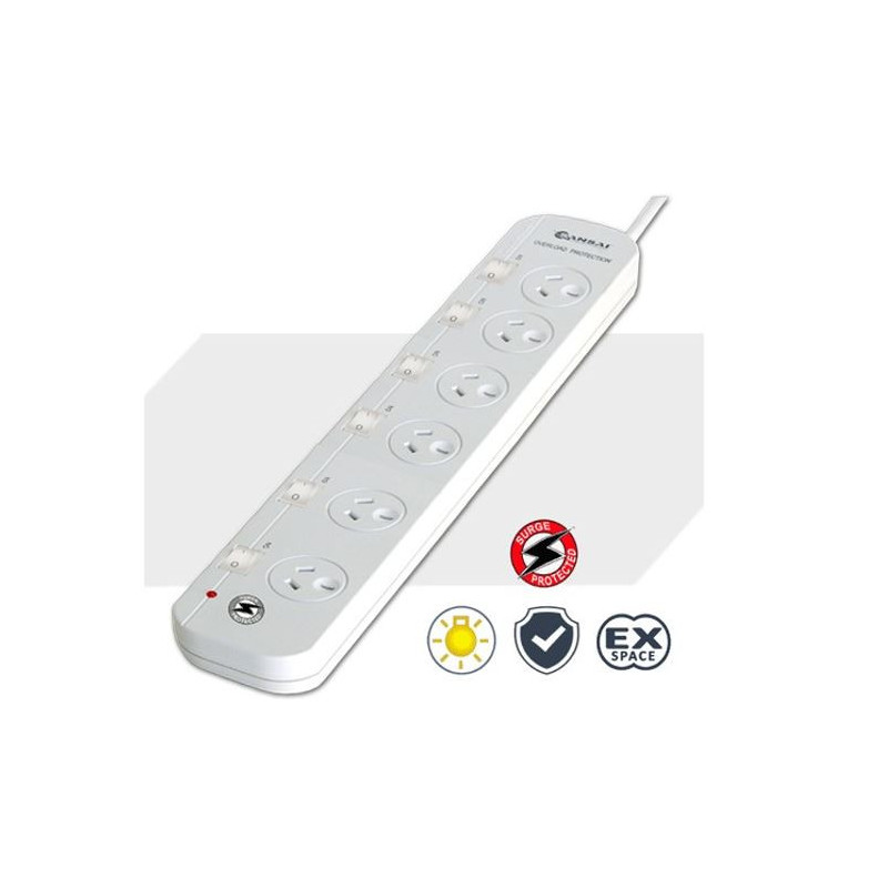 Sansai 6-Way Power Board (661SW) with Individual Switches and Surge Protection Overload Protected Reset button Indicator Ligh