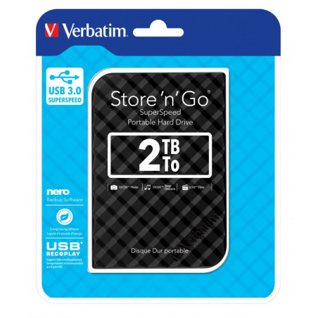 Verbatim 2TB 2.5' USB 3.0 Black Store'n'Go HDD Grid Design, Ultra Portable, High Speed & Capacity. Backup and Store   Nero Ba