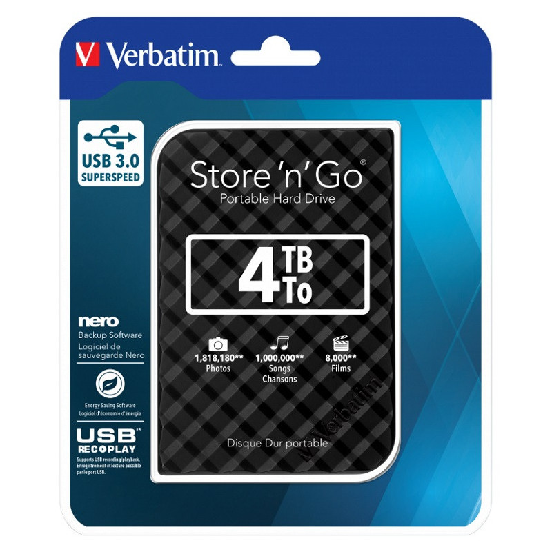 Verbatim 4TB 2.5' USB 3.0 Black Store'n'Go HDD Grid Design.