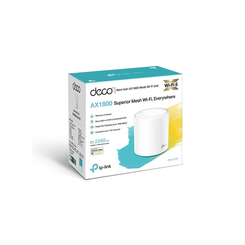TP-Link Deco X20 (1-pack)AX1800 Whole Home Mesh Wi-Fi 6 System, Up To 200 sqm Coverage, WIFI6, 1201Mbps @ 5Ghz, 574Mbps @ 2.4