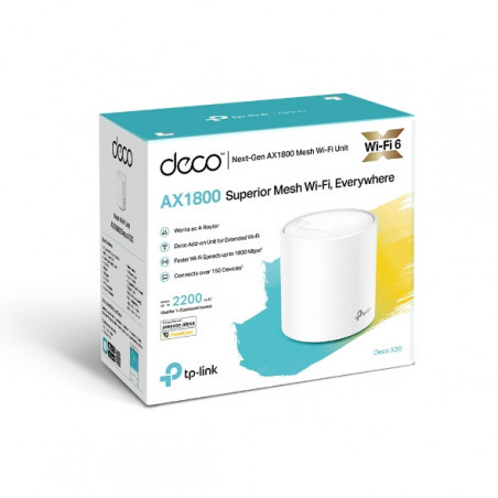 TP-Link Deco X20 (1-pack)AX1800 Whole Home Mesh Wi-Fi 6 System, Up To 200 sqm Coverage, WIFI6, 1201Mbps @ 5Ghz, 574Mbps @ 2.4