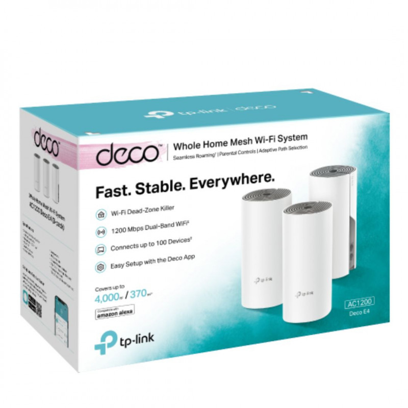 TP-Link Deco E4(3-pack) AC1200 Whole Home Mesh Wi-Fi (3-Pack), Dual-Band, Up to 1167 Mbps, Wireless, Seamless AI Roaming, Gam