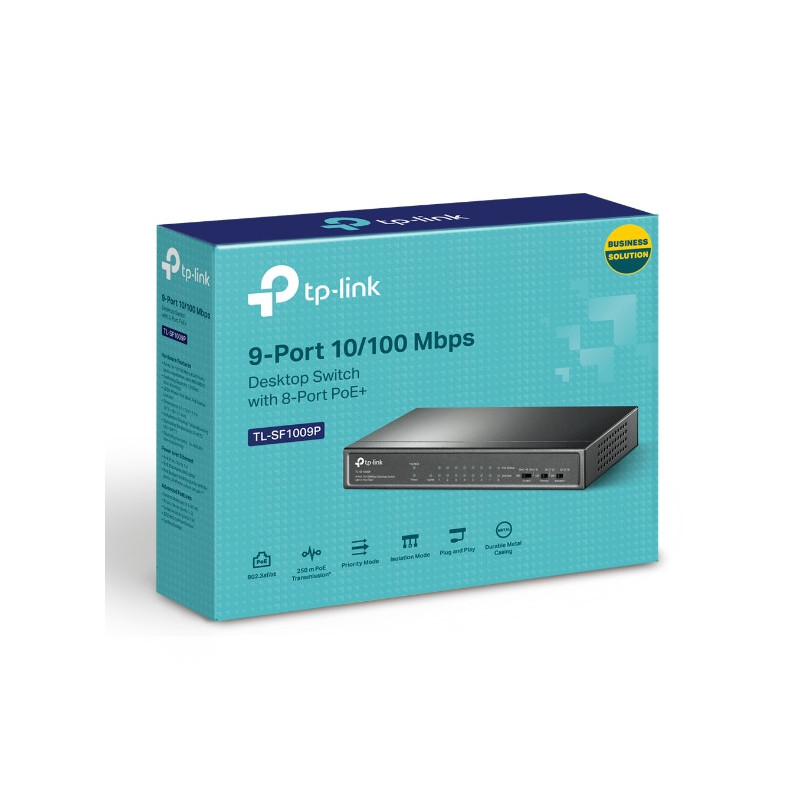 TP-Link TL-SF1009P 9-Port 10/100Mbps Desktop Switch with 8-Port PoE , Up to 65W for 8 PoE ports, Up to 30W for each PoE port
