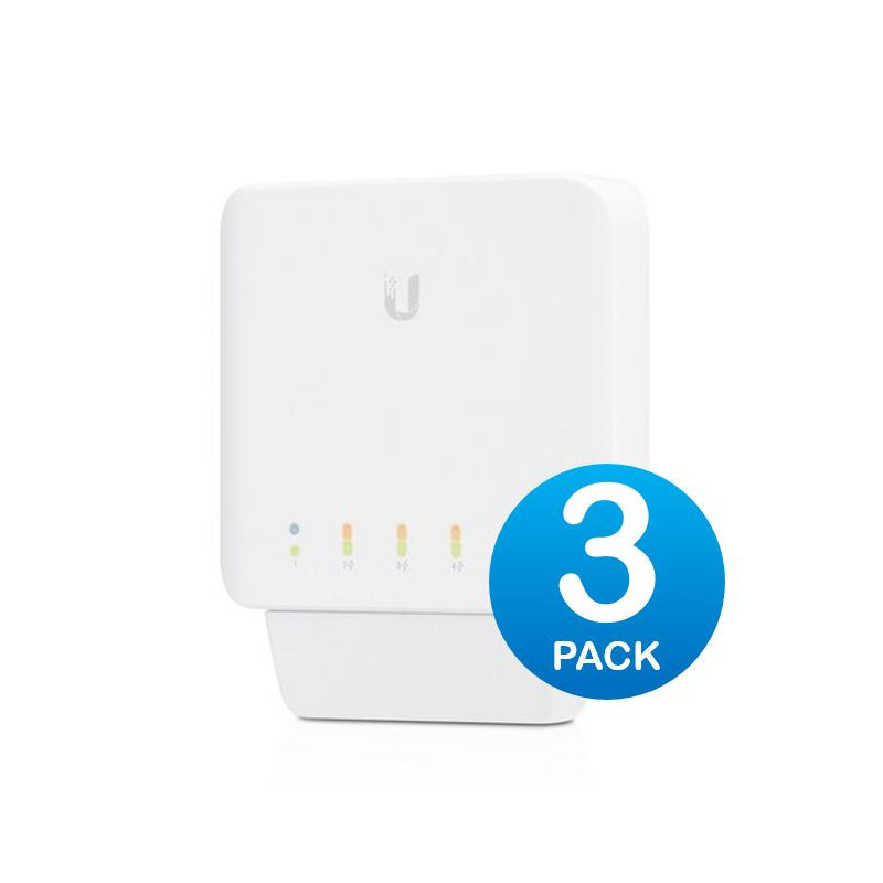 Ubiquiti USW Flex 3 Pack- Managed, Layer 2 Gigabit switch with auto-sensing 802.3af PoE support. 1x PoE In, 4x PoE Out,