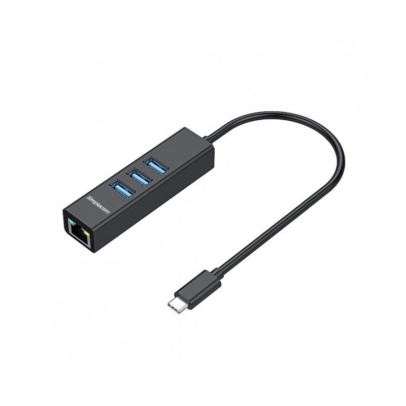 Simplecom CHN421 Black Aluminium USB-C to 3 Port USB HUB with Gigabit Ethernet Adapter