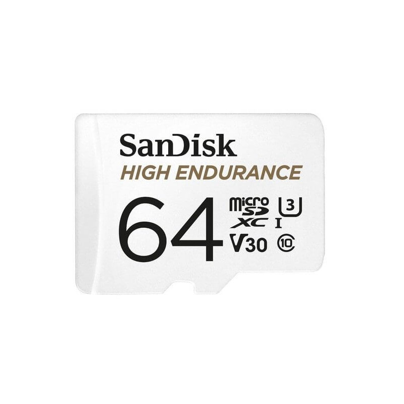 SanDisk High Endurance 64GB microSD 100MB/s 40MB/s 5K hrs 4K UHD C10 U3 V30 -40°C to 85°C Heat Freeze Shock Temperature Wat