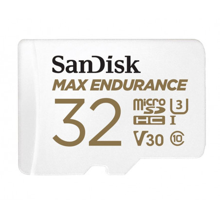 SanDisk Max Endurance 32GB microSD 100MB/s 40MB/s 20K hrs 4K UHD C10 U3 V30 -40°C to 85°C Heat Freeze Shock Temperature Wat