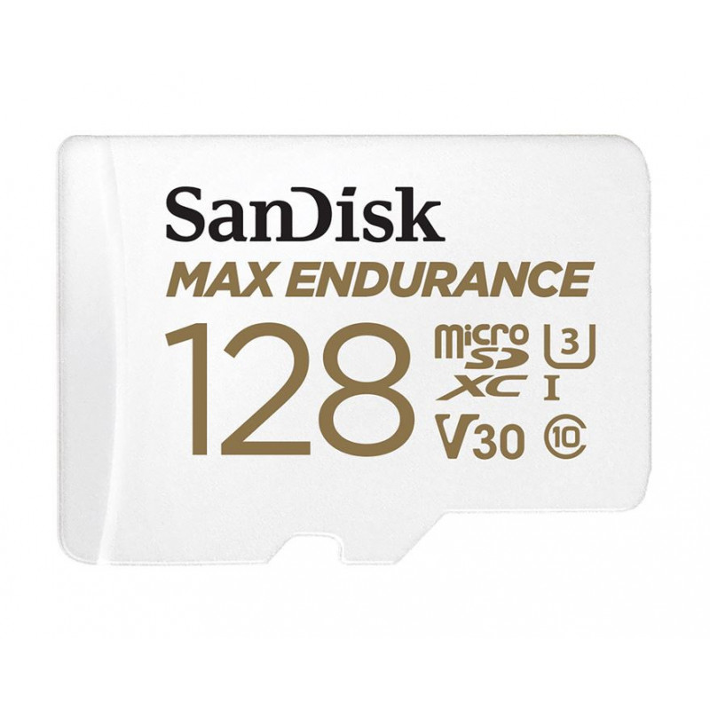SanDisk Max Endurance 128GB microSD 100MB/s 40MB/s 20K hrs 4K UHD C10 U3 V30 -40°C to 85°C Heat Freeze Shock Temperature Wa