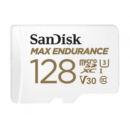 SanDisk Max Endurance 128GB microSD 100MB/s 40MB/s 20K hrs 4K UHD C10 U3 V30 -40°C to 85°C Heat Freeze Shock Temperature Wa