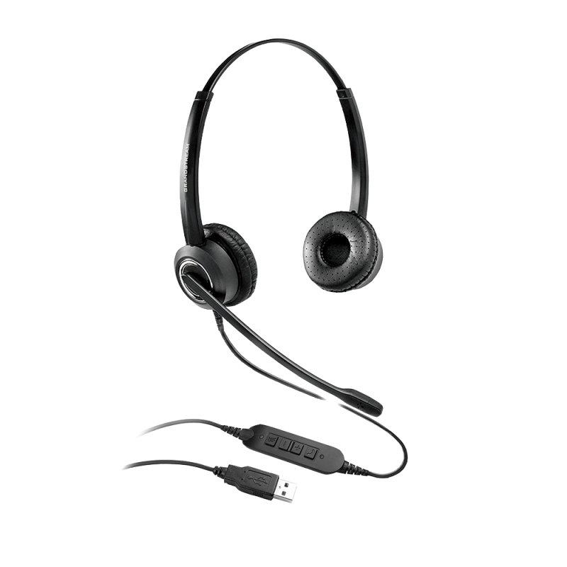 Grandstream GUV3000 Dual Ear USB Headset, Noise Canceling Microphone, HD Audio, 2m USB Cable, Suits Teams, Zoom, 3CX, Inline 