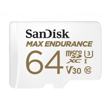SanDisk Max Endurance 64GB microSD 100MB/s 40MB/s 20K hrs 4K UHD C10 U3 V30 -40°C to 85°C Heat Freeze Shock Temperature Wat
