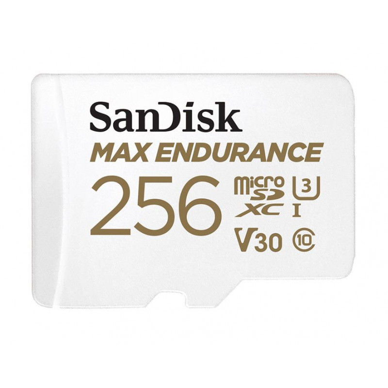 SanDisk Max Endurance 256GB microSD 100MB/s 40MB/s 20K hrs 4K UHD C10 U3 V30 -40°C to 85°C Heat Freeze Shock Temperature Wa