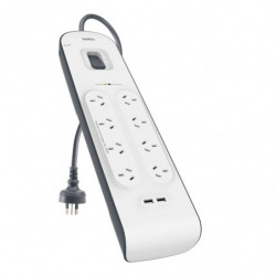 Belkin SurgePlus 8-Outlet Surge Protector With Dual USB Port 2.4 Amp - White(BSV804au2M), 2M Power Cord, 900 Joules, $50000 C