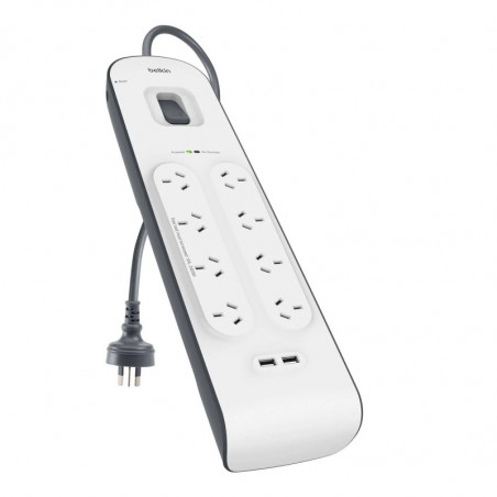 Belkin SurgePlus 8-Outlet Surge Protector With Dual USB Port 2.4 Amp - White(BSV804au2M), 2M Power Cord, 900 Joules, $50000 C